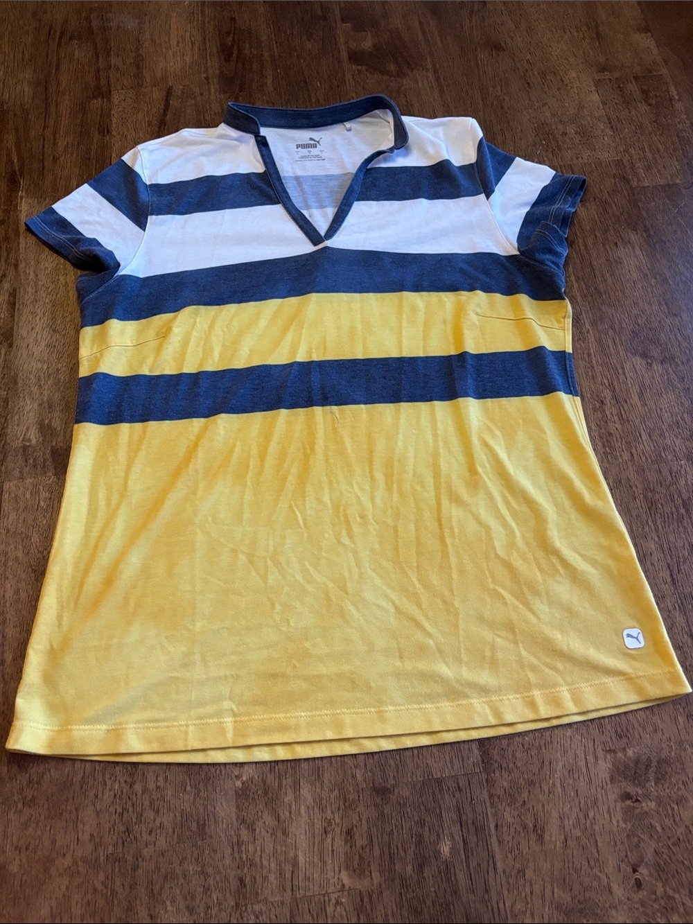 Puma Yellow, Navy & White Striped Short Sleeve Polo for golf, tennis